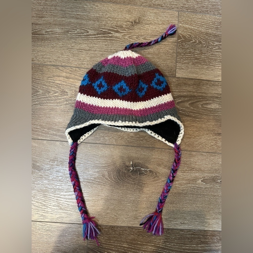 Nepal 100% Wool Knit Stripped Earflap Beanie Ski Hat Cap Fleece Lined Geometric